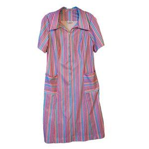 Vintage 1970s Retro Dress Vertical Stripes  Front Pockets Size Medium